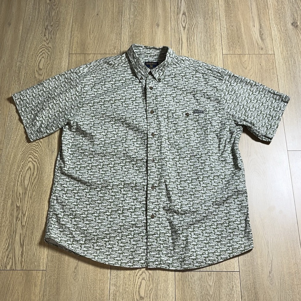 Woolrich Hawaiian Camp Shirt Mens XL Green Palm Leaf Jeep Short Sleeve RARE